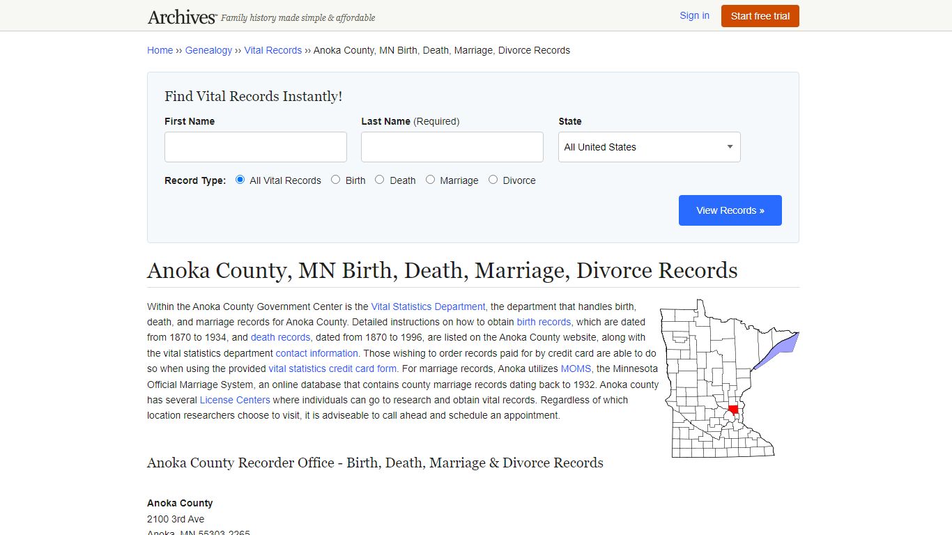 Anoka County, MN Birth, Death, Marriage, Divorce Records - Archives.com