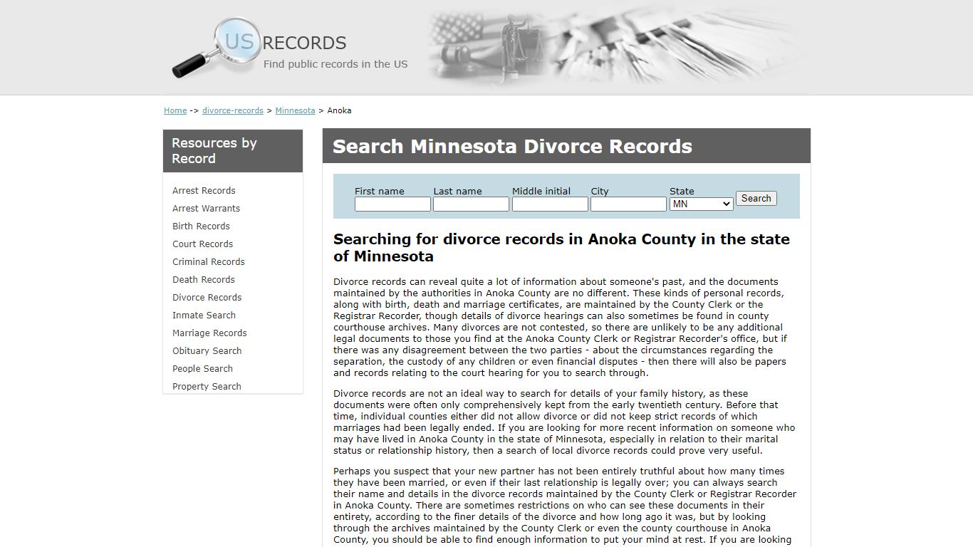 Search Divorce Records Anoka Minnesota | US Records